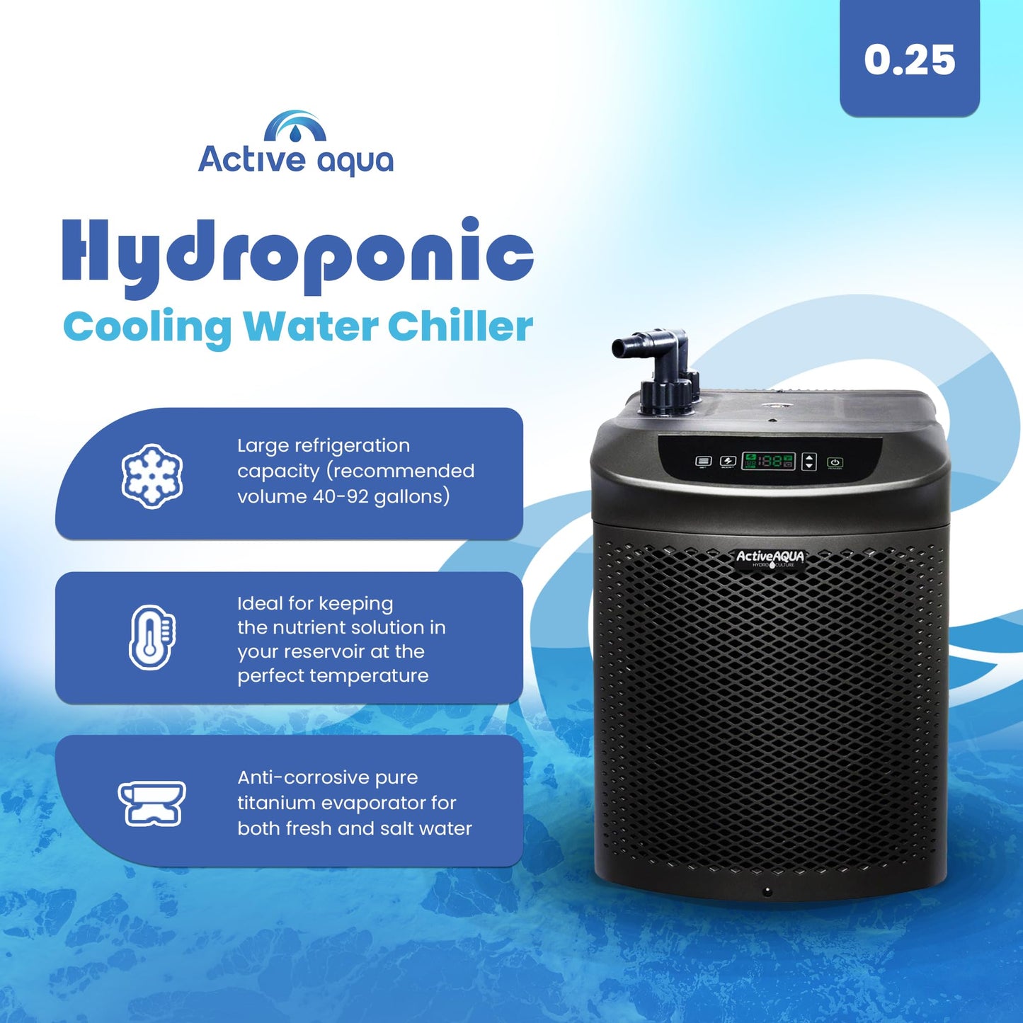 Active Aqua Hydroponic Water Chiller for Aquaponics, Plunge Baths and Aquariums, 0.25 HP - Portable Cooling System with Boost Function for 40-92 Gallon Reservoirs, Pure Titanium Evaporator Cooler