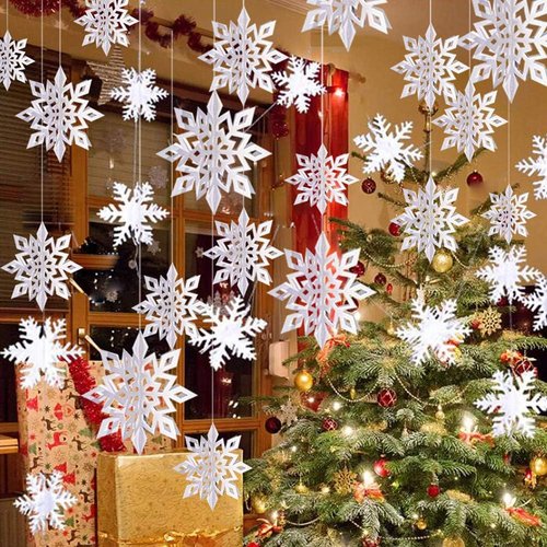 24Pcs Snowflake Christmas Decor - 12 Silver & 12 White 3D Paper Hanging Snowflakes for Holiday Parties