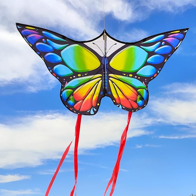 Simxkai Butterfly Kite for Kids & Adults, Easy to Fly Blue Big Kite for Beginners, Line Handle Included (1Pack 2Pack)
