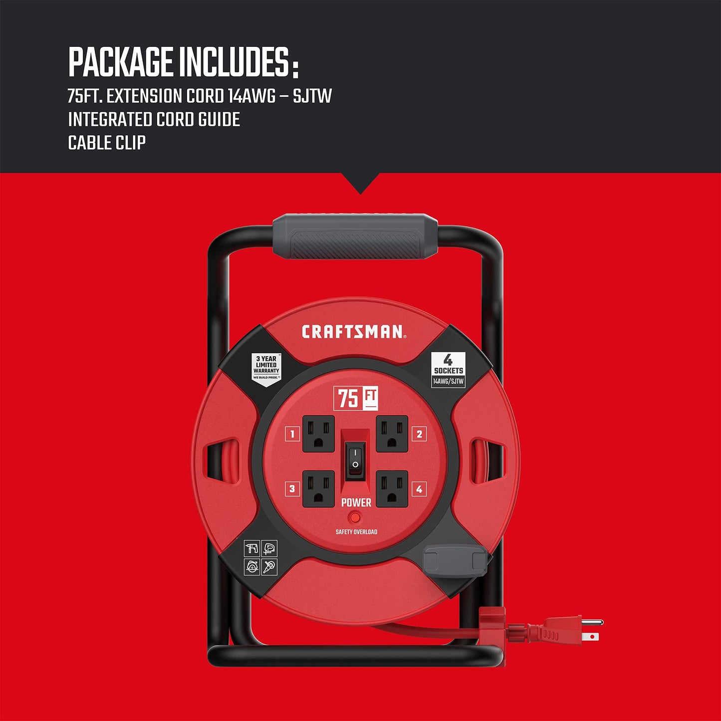 CRAFTSMAN Heavy Duty Retractable Extension Cord, 75 feet with 4 Outlets - 14AWG SJTW Cable - Outdoor Power Cord Reel