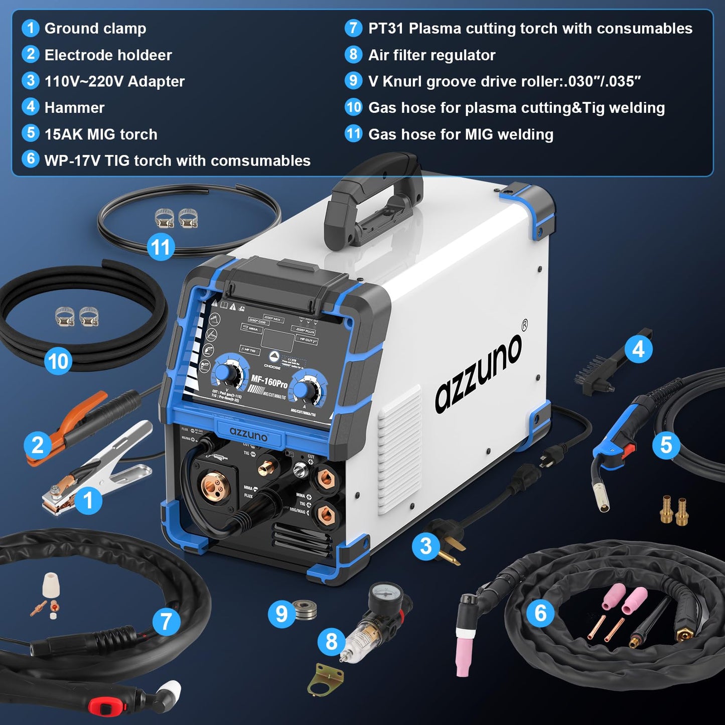 AZZUNO Plasma Cutter Welder Combo 160A, 5 in 1 Plasma Cut/Gas MIG/Flux MIG/HF TIG/Stick Welder Machine, 110V/220V Multiprocess Welding machine(Light Grey)