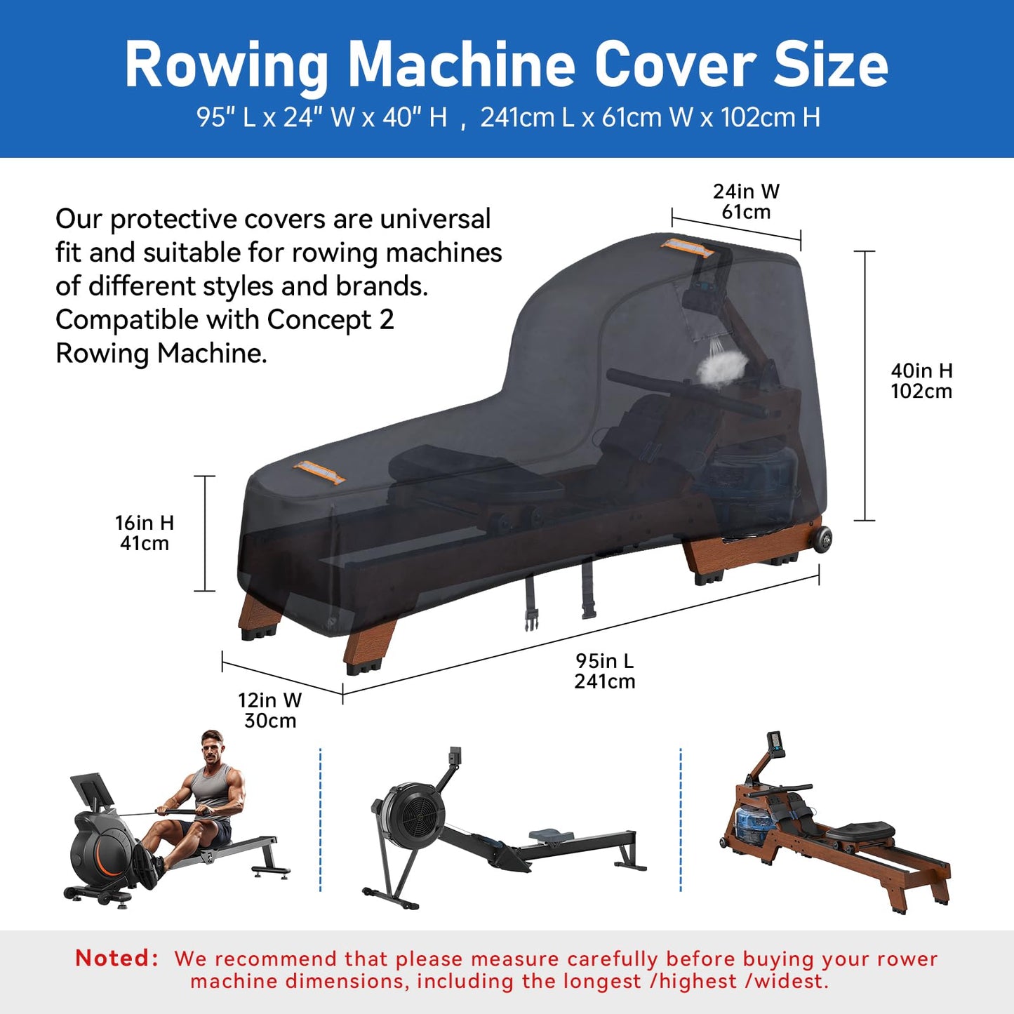 Rowing Machine Cover,420D Heavy Duty Rower Outdoor Covers,Outdoor Protective Cover for Concept 2 Fitness Equipment,with Waterproof Strip,Windproof Buckle,2 Handles,Accessories Fit for Concept 2 Rower