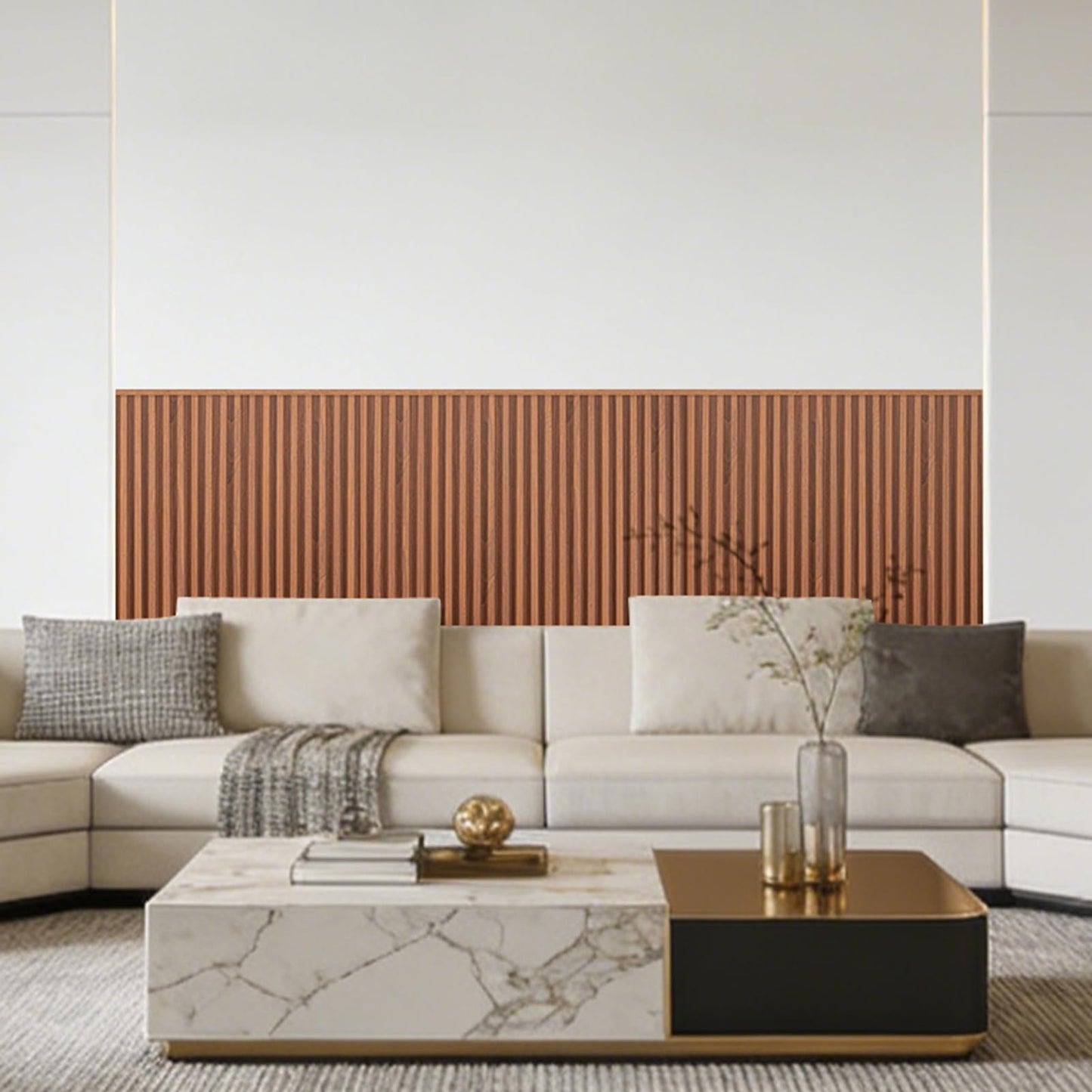 AMZDEPOT 16 Pack WPC Wainscoting Panels, 3D Wall Panels for Interior Wall Decor, Living Room, Bedroom, 51.18 x 6.69 Inch Fluted Textured Wood Slats, Teak
