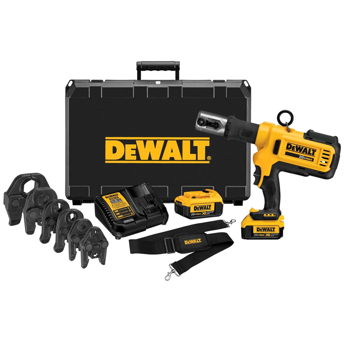 DEWALT 20V MAX Cordless Plumbing Pipe Press Tool Kit with Crimping Heads, Pro Press Tool For Copper Pipe and Stainless Steel Pipes, ½”-1 ¼”, 2 Batteries and Charger Included (DCE200M2K)