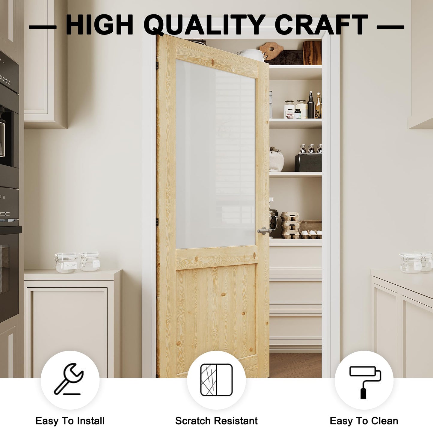 CRUTOP 30"x80" Half Frosted Glass Interior Slab Shaker, Pre-Assembled Panel for Barn Doors, Pocket Door, French Doors; Ideal for Pantry, Bedroom, Closet, Laundry & Bathroom – Solid Knotty Pine Wood