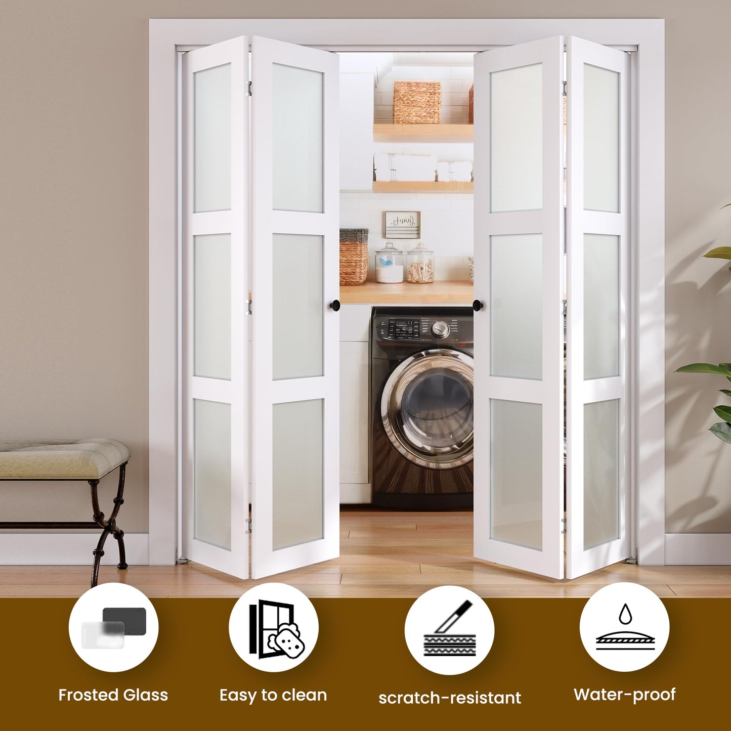 SMARTSTANDARD Bifold Door, for 72"x 80" Opening,Tempered Frosted Glass Closet Folding Barn Door with Hardware Kit, Water-Proof PVC Surface,Easy Install,White