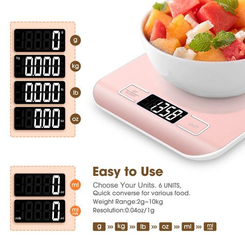 Mik-Nana Digital Kitchen Scale - 10kg/22lb Capacity, Pink Color, Precise 1g Graduation, Easy Clean Stainless Steel