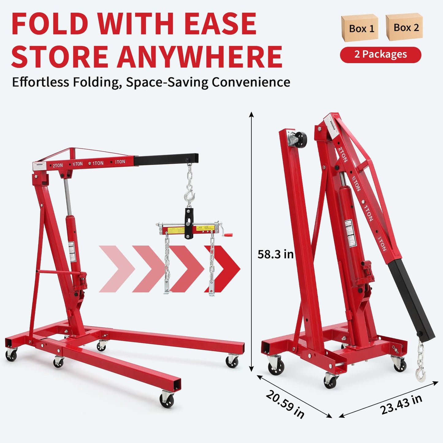 2 Ton Folding Hydraulic Engine Hoist with Load Leveler 4400 LBS Capacity Heavy Duty Cherry Picker 6 Swivel Wheels&Hydraulic Pump Adjustable Boom (0.5T-2T) for Garage Workshop Warehouse Orange