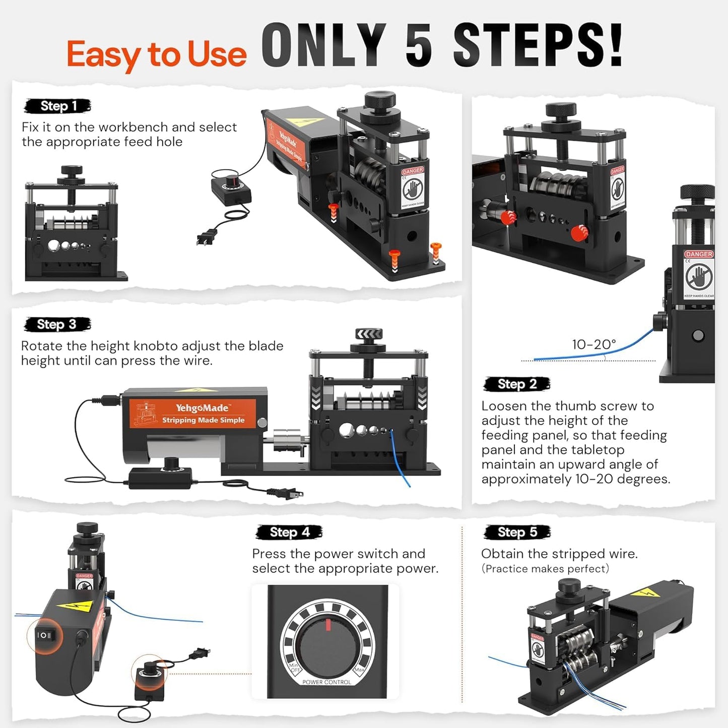 YehgoMade Automatic Wire Stripper Machine with Upgraded Motor, Electric Cable Stripping Tool Featuring 6 Channels and 5 Carbide Blades for Efficient Copper Wire Recycling (250 MCM–14 AWG)
