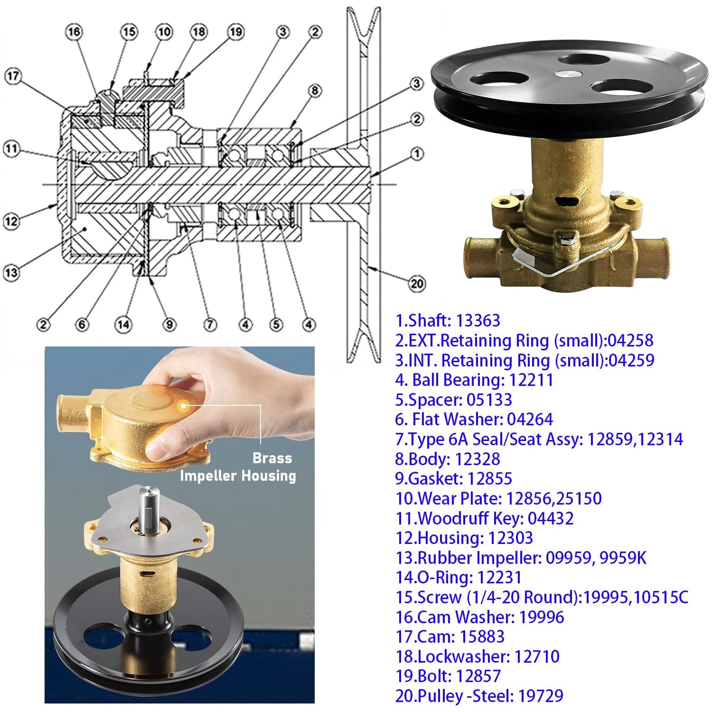 RA057007 Raw Sea Impeller Water Pump Compatible with Ford marine 5.0,5.8,351,302 Sherwood Pleasurecraft & Ski boat G20, G21, 302, 351 Jabsco 18830-0010