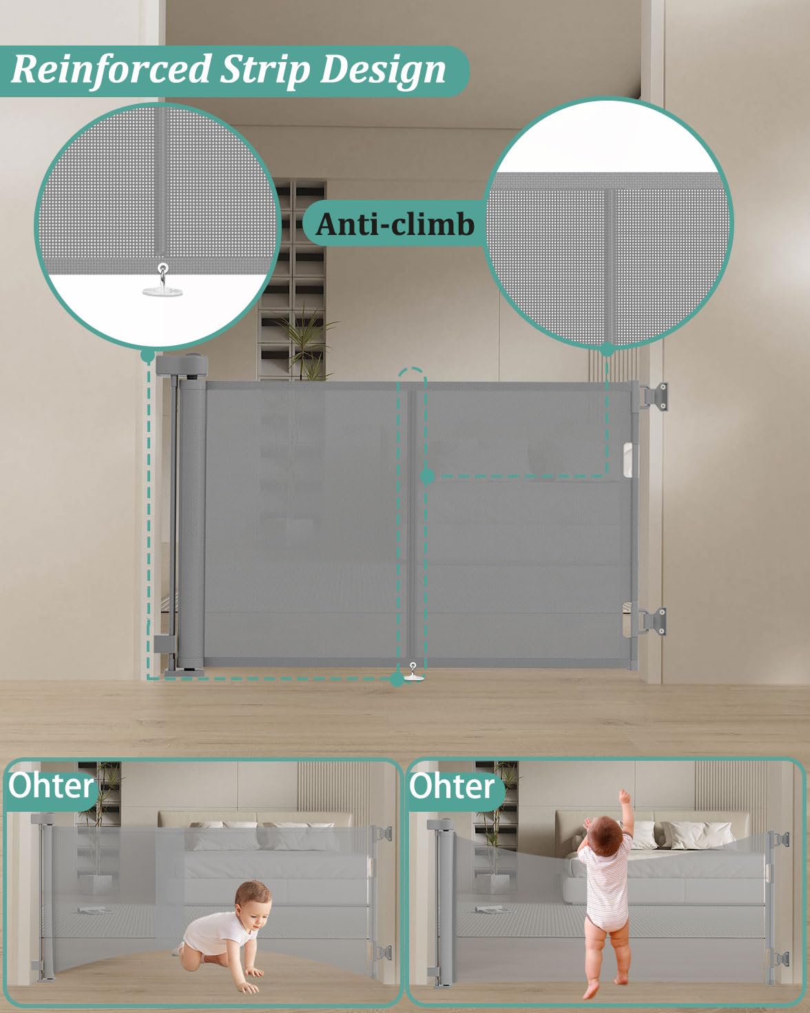 Miumoon 59 inch Retractable Baby Gates 34 inch Tall, Retractable Gate with Reinforced Strip Design to Prevent Crawling Through, 5 FT Retractable Dog Gate for Stairs, Doorways, Hallways, Indoor/Outdoor