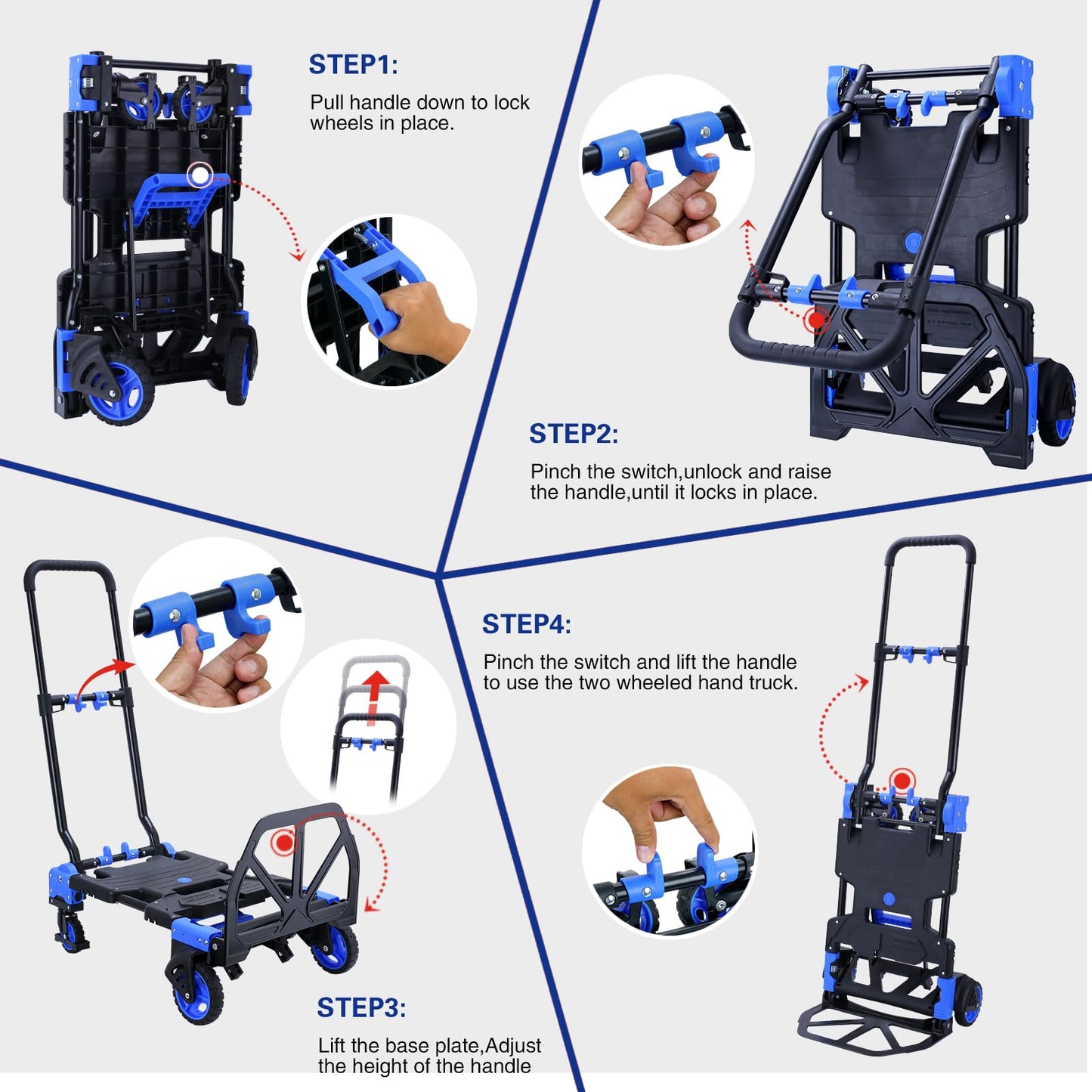 2-1 Folding Hand Truck Dolly,330LBS Capacity Dolly Cart,Foldable Dolly Hand Truck with Retractable Handle and 4 Rubber Wheels,Hand Cart Foldable for Luggage/Travel/Office/Moving