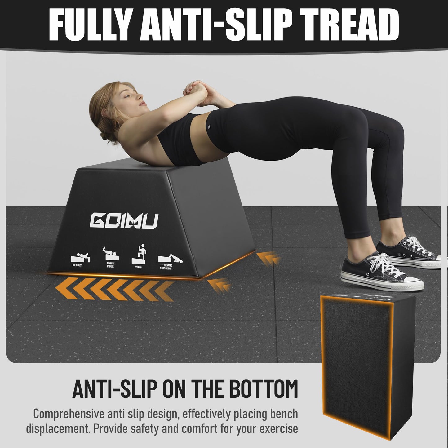 Goimu HT01-B Hip Thrust Bench, Hip Thrust Machine for Core&Ab Strength Training, Hip Thrust Booty Workout Box with Non-Slip, Glute Bridge Machine for Home and Gym, Large/Medium Size (Large-BK)