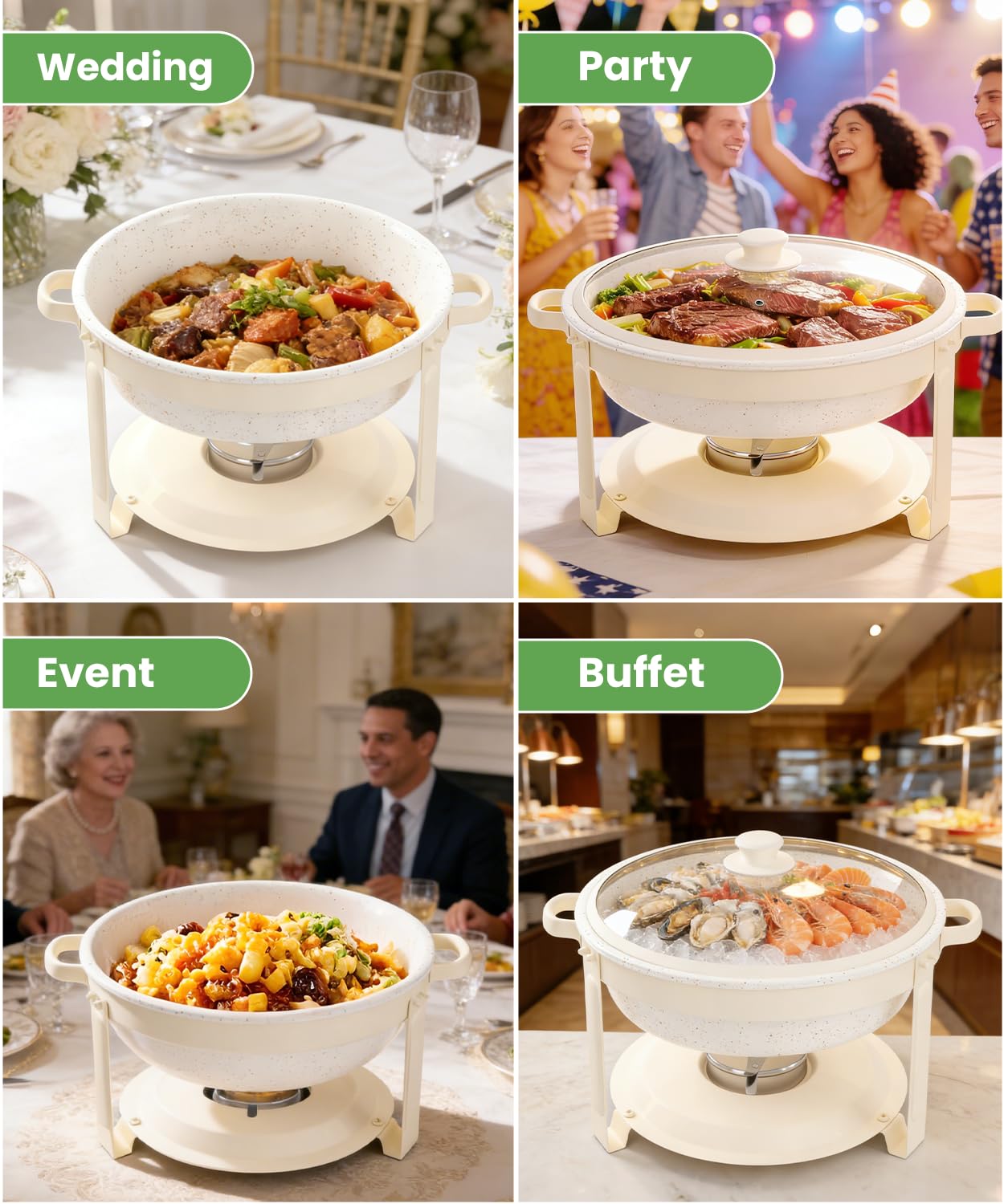 IMACONE Chafing Dishes for Buffet, 4 Pack 6QT White Chafing Dish Buffet Set, Maifanite-Coated Stainless Steel Chafer Set with Glass Lid, Rolled Edge Buffet Warmers for Parties, Weddings & Catering