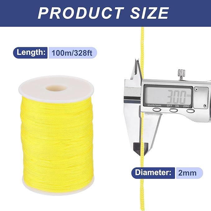 MECCANIXITY 1/12 Inch Polypropylene Rope Braided Ropes, 328ft Nylon Rope Hollow Utility Cord for Clothesline, Camping, Hiking, Outdoor, Yellow
