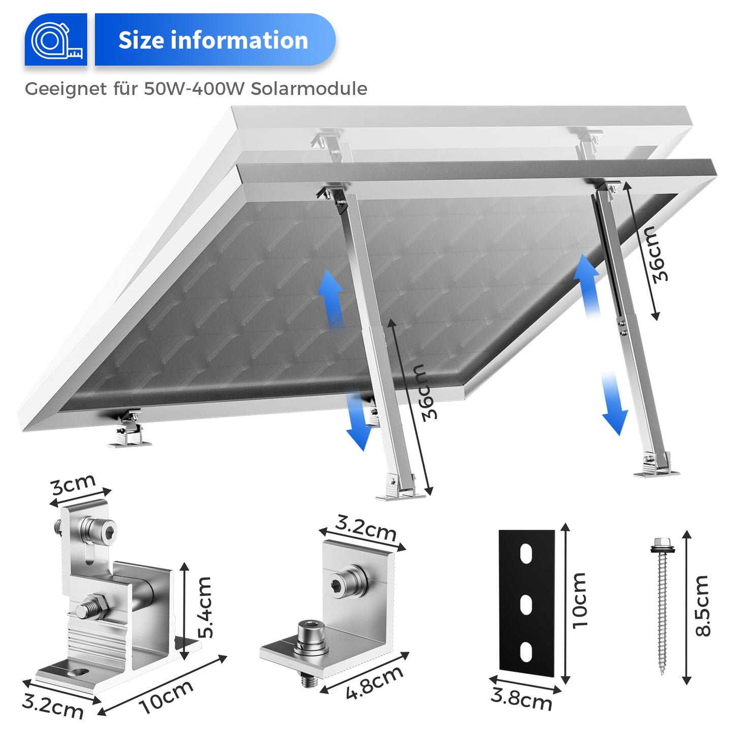 WOEFSTE 2 Set Adjustable Solar Panel Tilt Mount Brackets Aluminum Alloy Mounting Bracket Stand Systems Support 50W 70W 100W 150W 200W 300W 400W Panels for Roof/Boat/Flat Surface