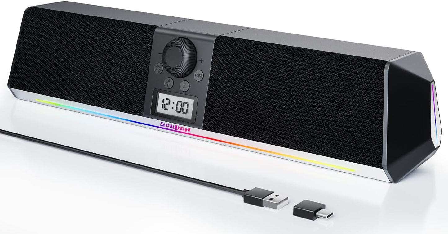 SOULION R80 Bluetooth Computer Speakers, USB Plug & Play PC Speakers with Digital Clock Display, Clear Sound Soundbar