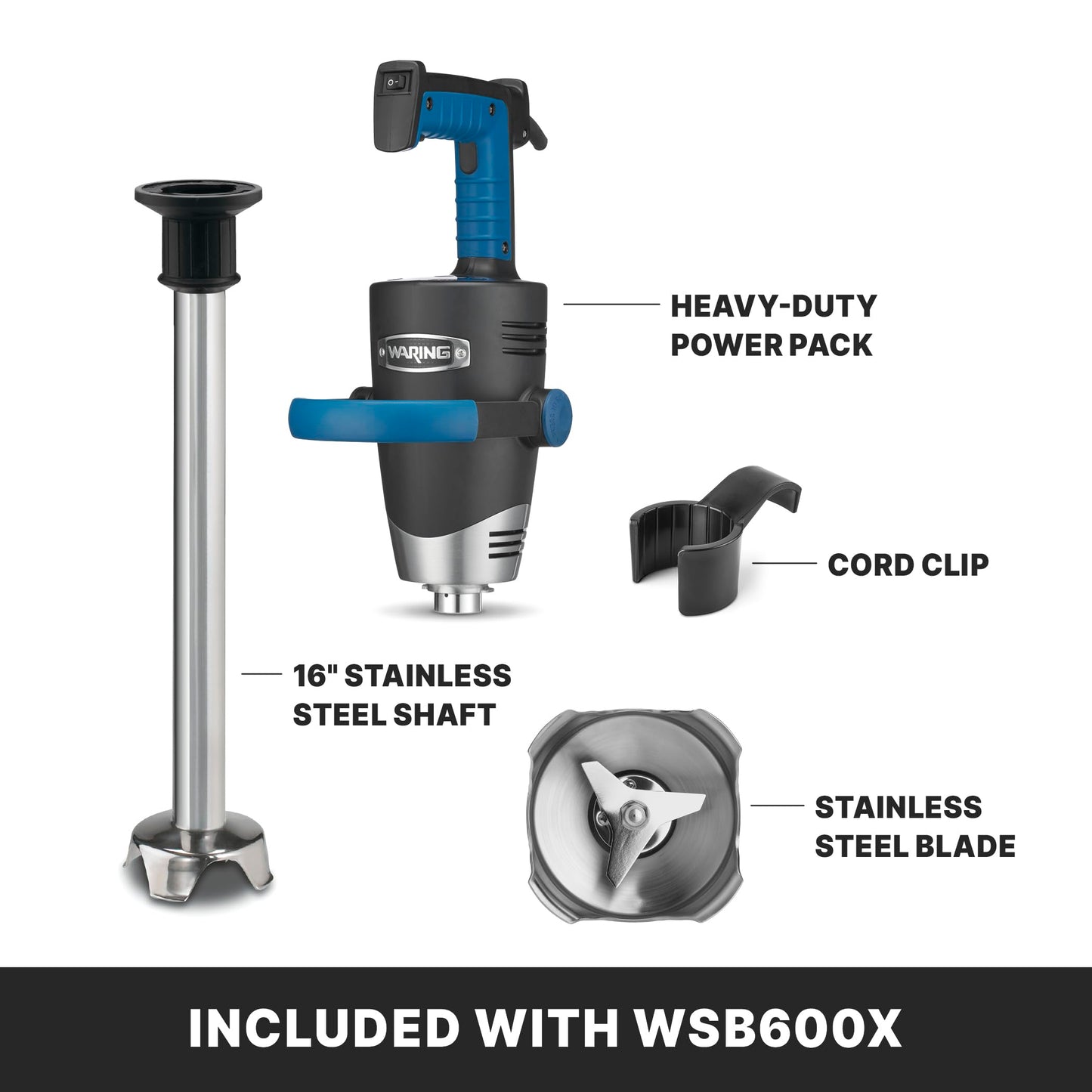 Waring Commercial EvolutionX Immersion Blender, 1.5 Horsepower Motor, 16" Stainless Steel Shaft, Variable Speed, 25-Gallon Capacity, for Professional Hand Blender for Kitchens & Catering, WSB600X