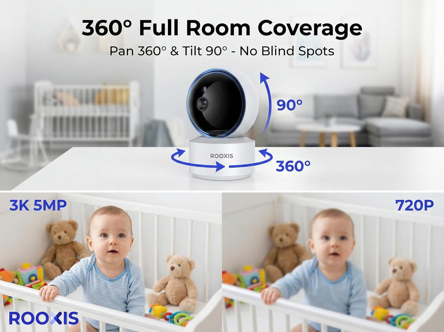 Rooxis 2K 360 2-Way Indoor Security Camera Wireless PTZ, WiFi Baby & Pet Monitor with Motion Detection & Auto Tracking