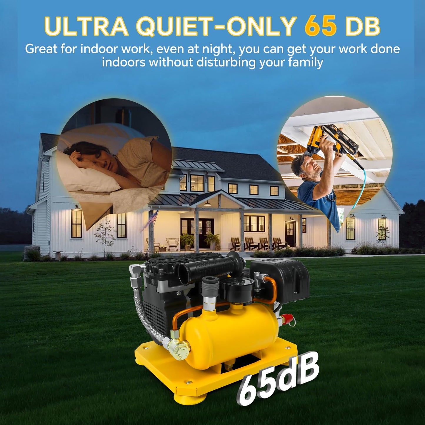 Cordless Air Compressor Compatible with Dewalt 20V Battery, 0.26-Gallon Capacity, Oil-Free, Ultra Quiet Portable Air Compressor, 65 dB Noise Level Electric Air Compressor