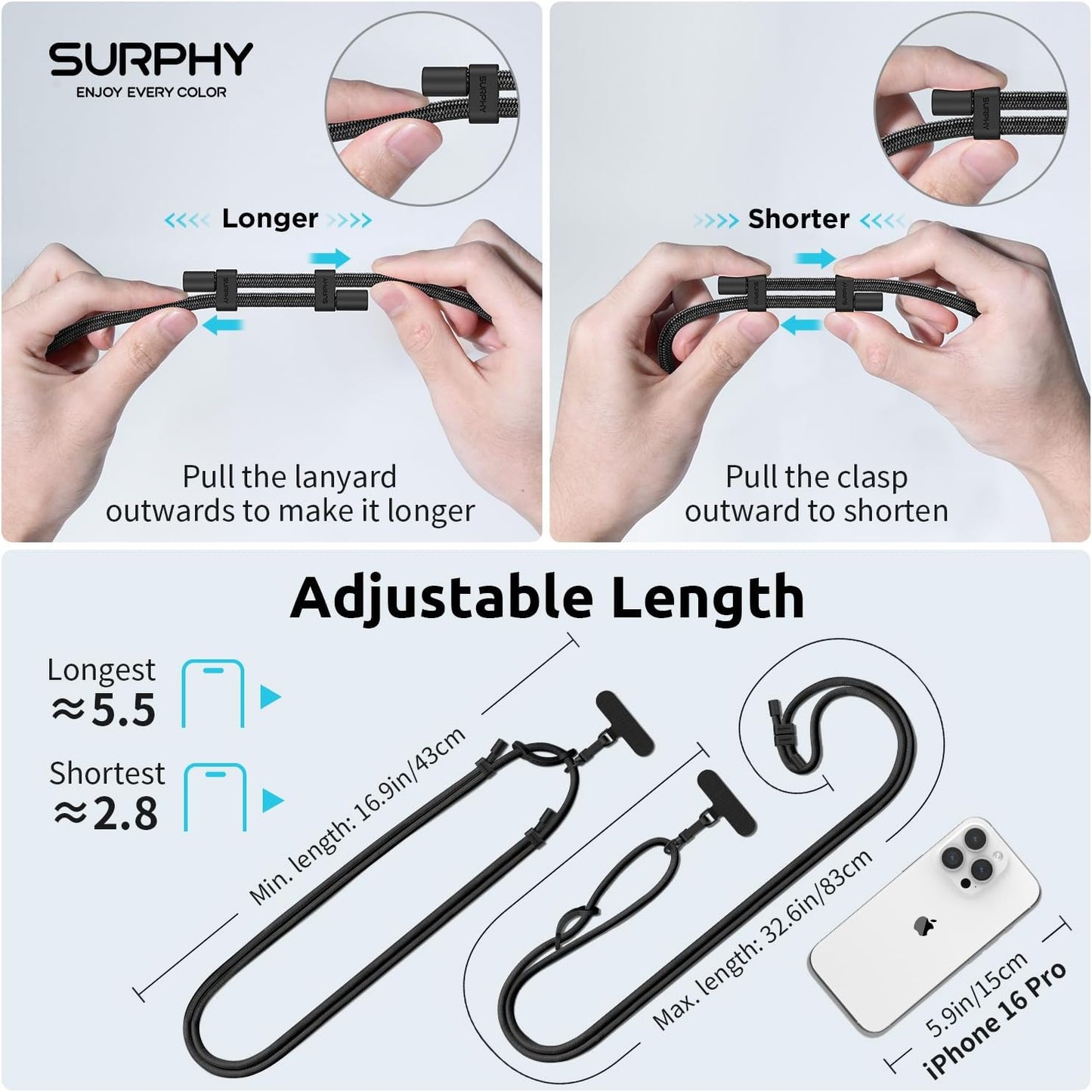 2 Pack SURPHY Phone Lanyard, Adjustable Phone Strap Crossbody with Cell Phone Tether Tab, Premium Metal Buckles