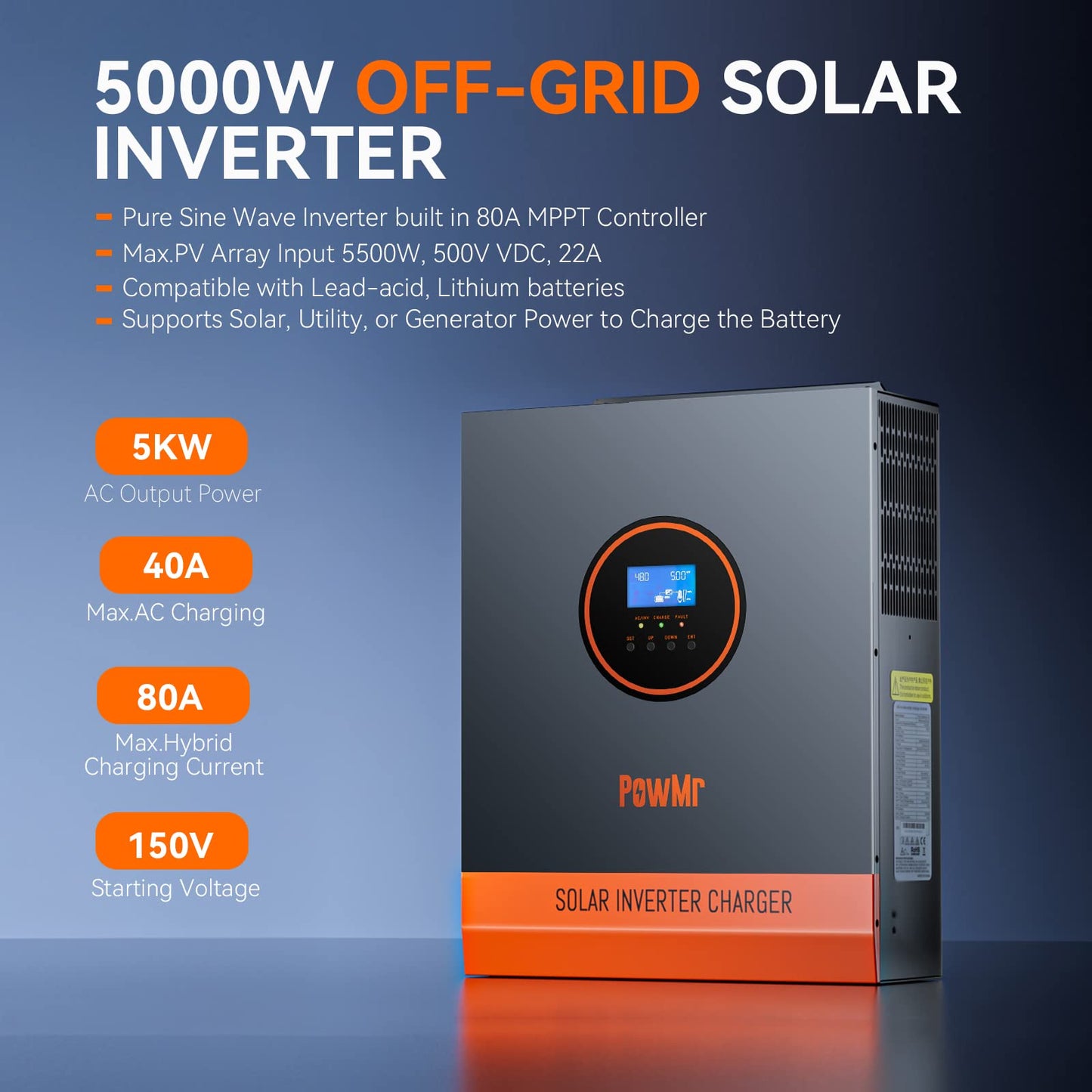 PowMr 5000W Solar Inverter 48V to 120V, Pure Sine Wave Power Inverter 5000W Built-in 80A MPPT Controller, Max.PV Input 5500W,500V,22A, Work with 48V Lead Acid and Lithium Batteries