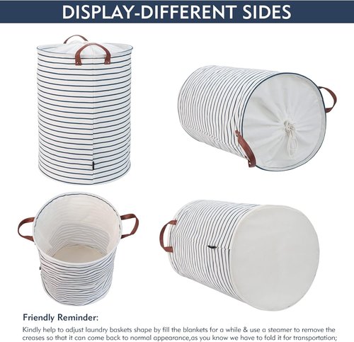 DOKEHOM Laundry Basket - 20-Inch Freestanding Hamper with Lid & Drawstring - Large Blue Stripe Design