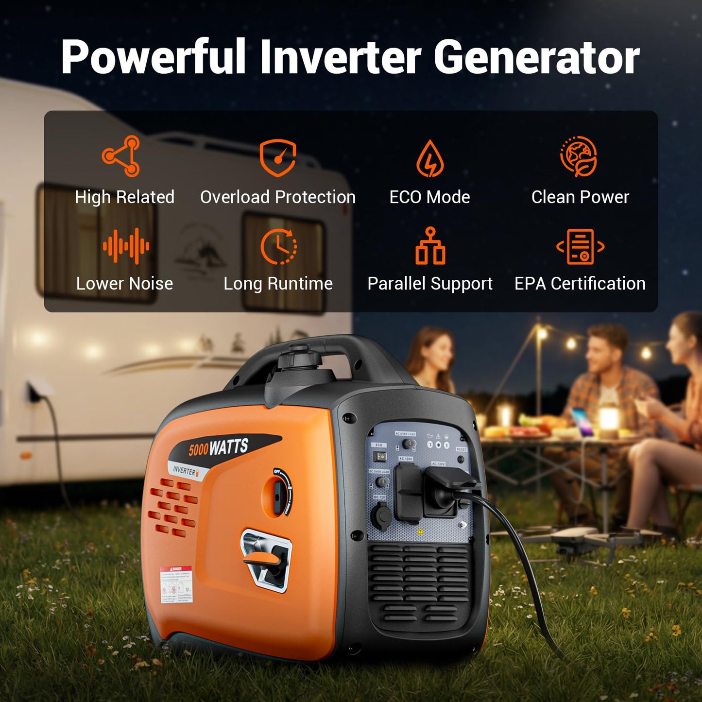 MUTAOMAY 5000W Portable Inverter Generator for Home Emergency Backup Power, Super Quiet Small Gas Powered Generator for Camping, RV, Outdoor, Jobsite with ECO Mode, Parallel Capable, EPA Compliant
