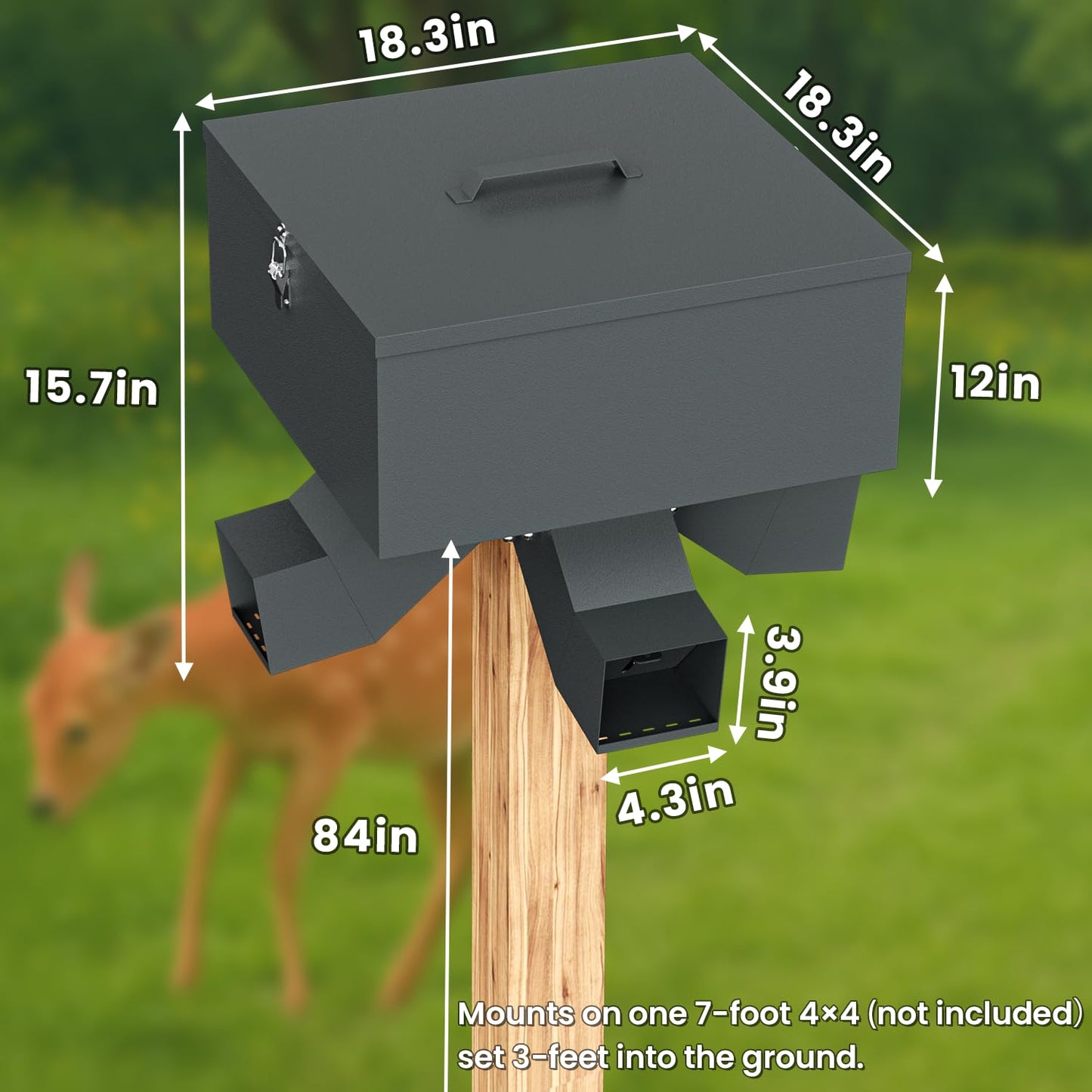 Portable 80LB Gravity Deer Feeder, Heavy Duty Metal Wildlife Feeder with 4 Feeding Ports, Weatherproof for Hunting & Backyard Game