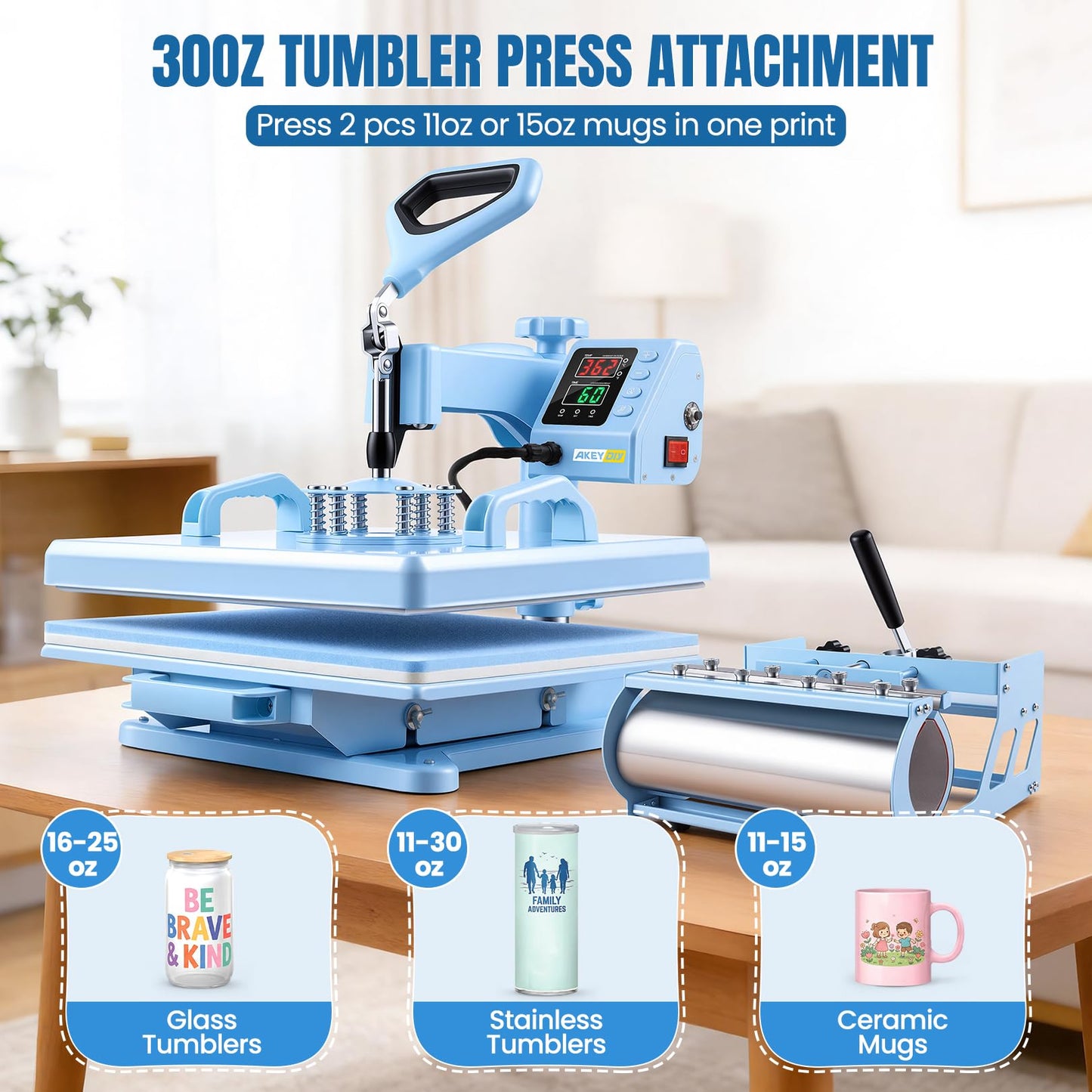 AKEYDIY Heat Press 15x15 inch 5 in 1 with 30OZ Tumbler Press, 360° Swivel Away Slide Out Digital Shirt Press Machine, Industrial Heat Transfer Machine Sublimation for T-Shirt (15x15-5 in 1 Blue)