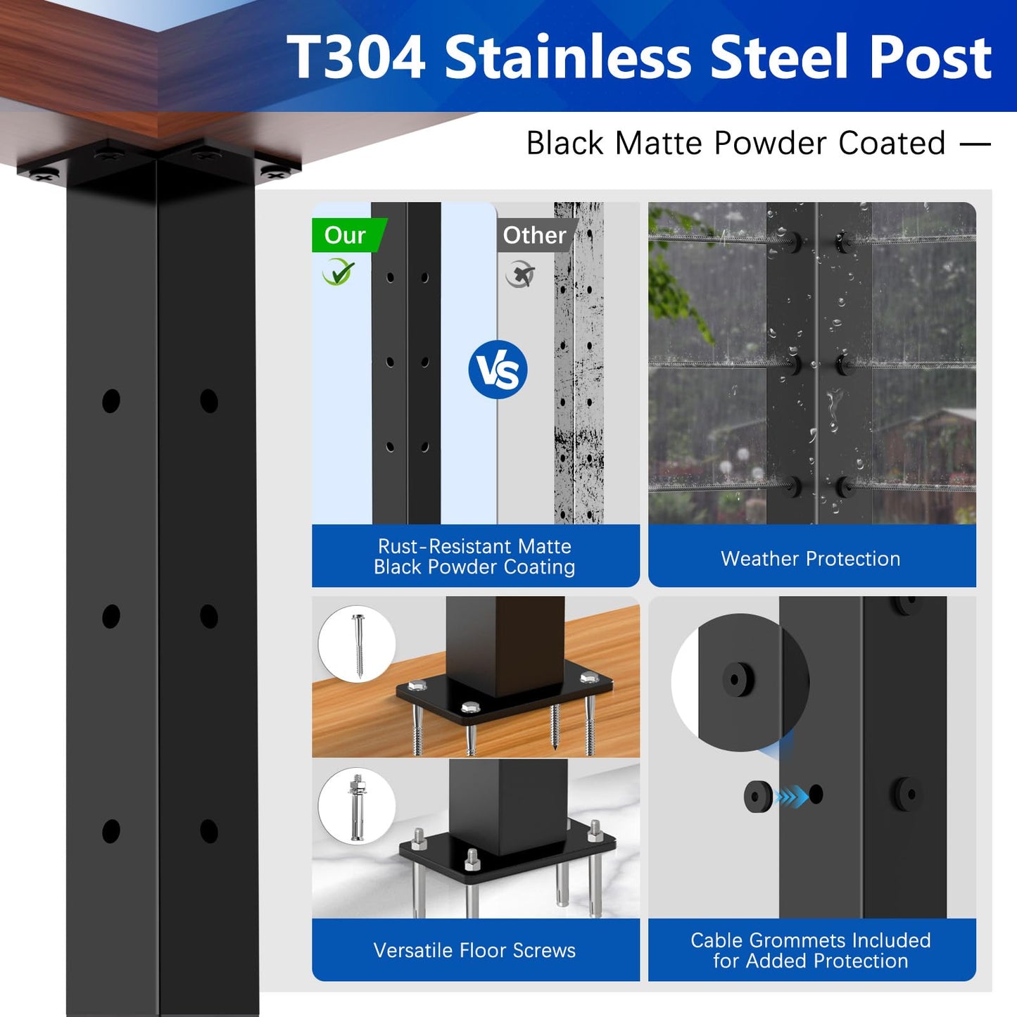 Zylorix 2Pack 42" 3-Sides Cable Railing Corner Post T304 Stainless Steel 90° T-drilled Post, 41"x2"x2" Surface Mount Fixed Top Black Cable Railing System Kit for Decks Balconys with Wire Grommets
