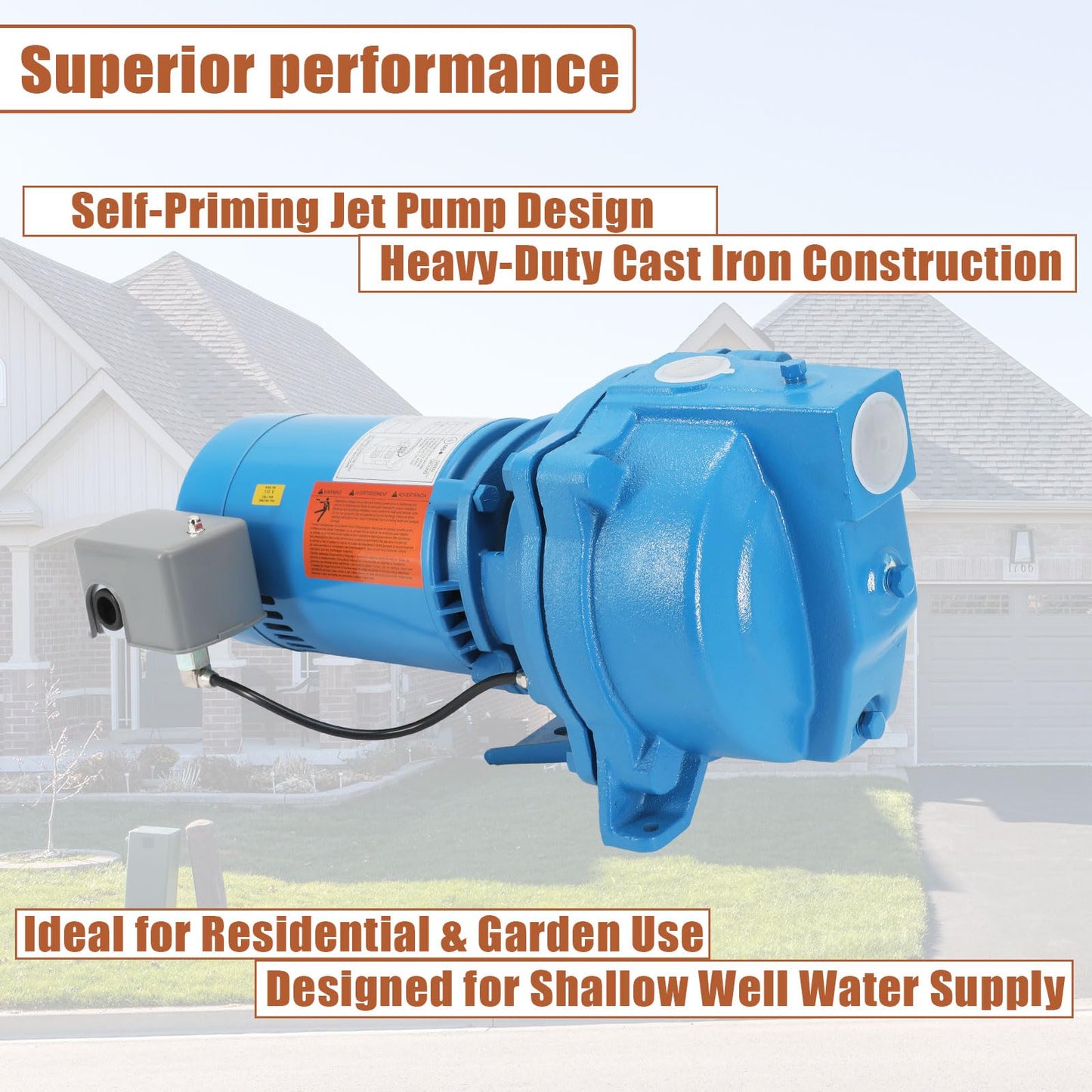 1/2 HP Residential Shallow Well Jet Pump, Heavy-Duty Cast Iron Self-Priming Water Pump for Home Water Supply & Garden Irrigation,115V