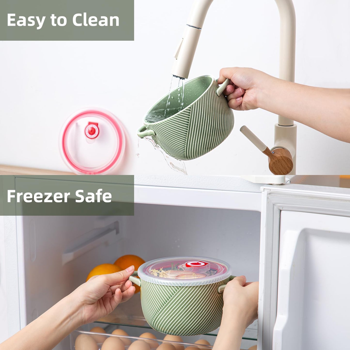 Adewnest Ramen Bowl with Lid: 32oz Ceramic Soup Bowl Set with Spoon & Chopsticks for Instant Food Noodle Office Lunch Dorm Living - Microwave Safe Portable Storage - Green