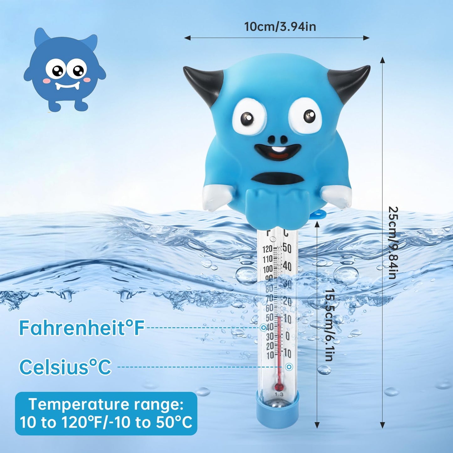 Pool Thermometer Floating, Water Temperature Thermometer with String, Large Size Easy Read & Shatter Resistant Pool Accessories for Ice Bath & Hot Tub, Outdoor & Indoor Swimming Pool, Spas(Monster)