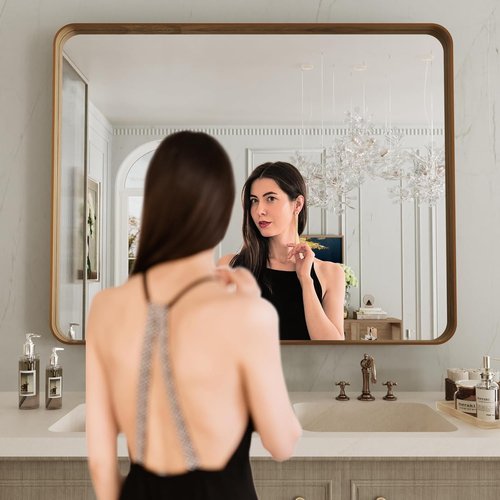 LOAAO Bathroom Mirror - 40x30 Inch Rounded Rectangle with Wood Grain Metal Frame | Anti-Rust, Versatile Hanging Options