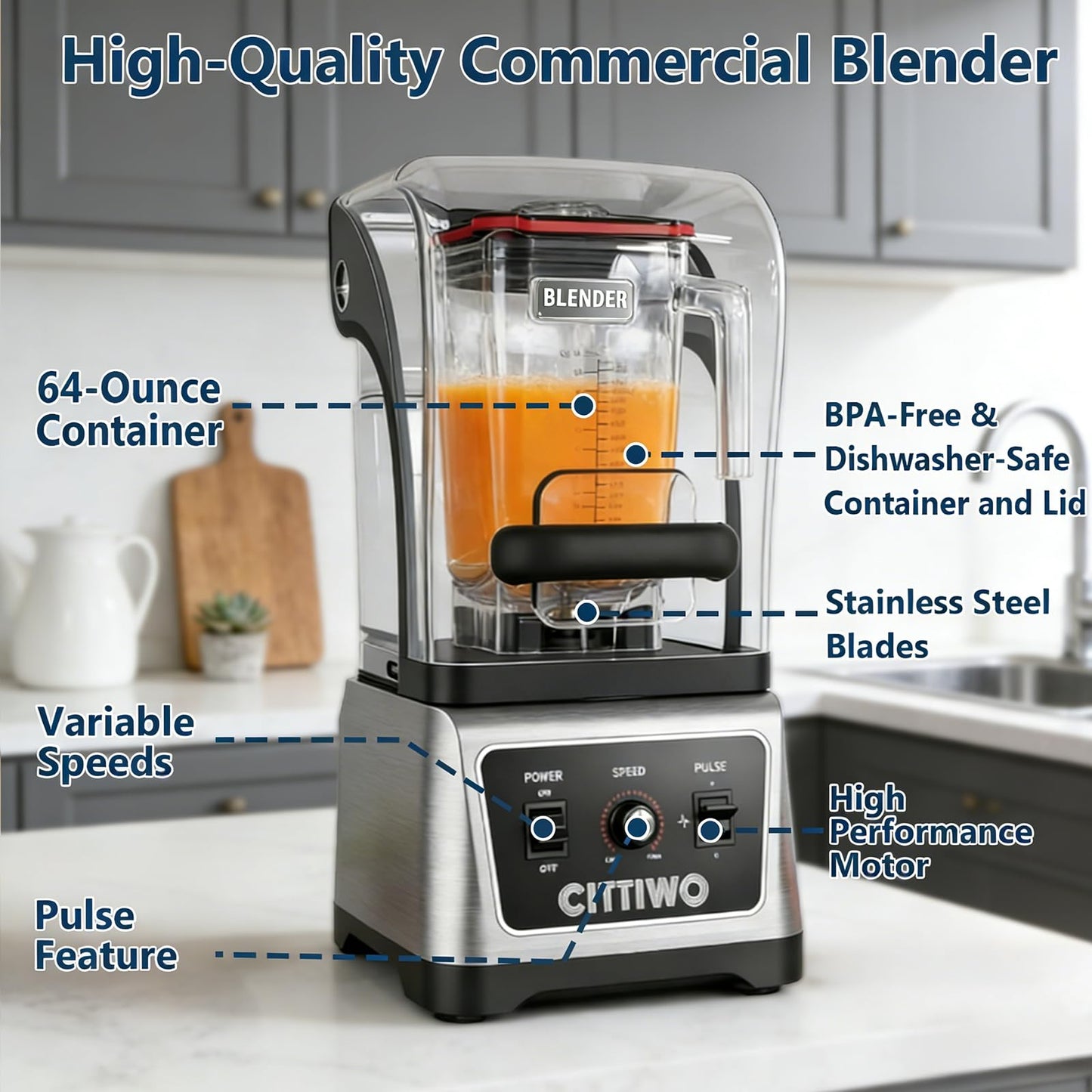 Cittiwo Commercial Blender Heavy Duty Restaurant with 64oz Jar, 2200W Professional-Grade Smoothie Blender, Ice Crush, Frozen Drinks, Quiet Shield, Self-Cleaning