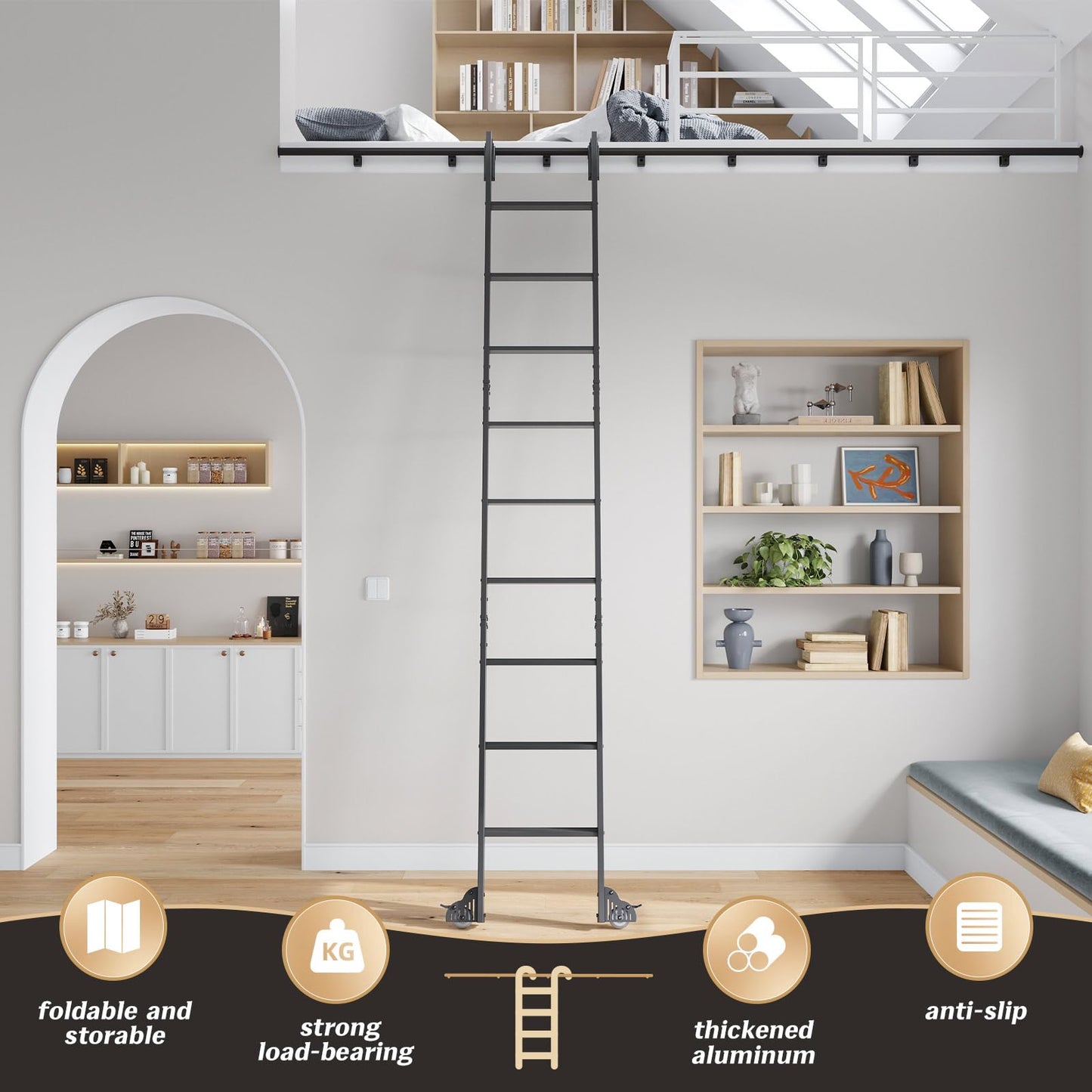 Fredbeck Rolling Library Step Ladders 120" with 8FT Sliding Hardware Track Kit for Kitchen,Loft,Warehouses,Bookstore,attic,Metal Black
