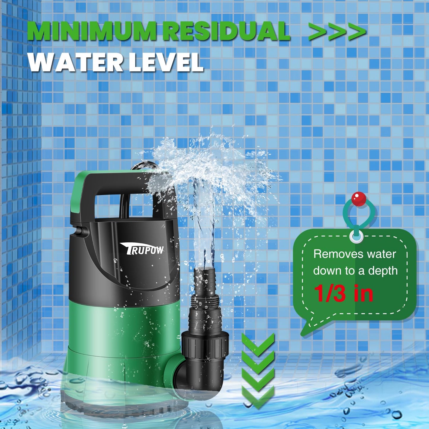 TRUPOW 1 HP Sump Pump Submersible Water Pump 3981 GPH Portable Thermoplastic Electric Utility Pump for Swimming Pool Garden Basement Tub Pond Draining Remove Water Level Down to 0.3"