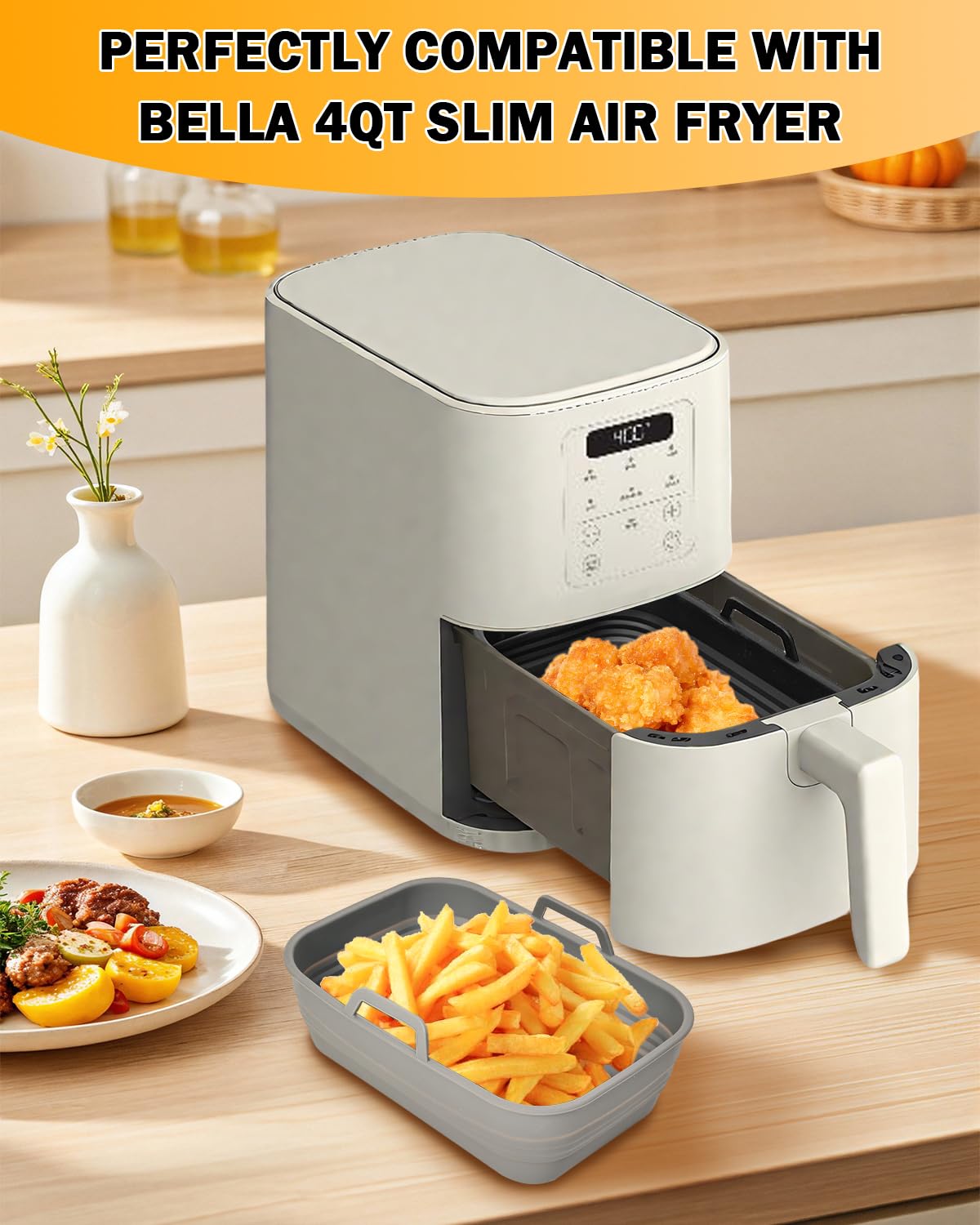Air Fryer Silicone Liners Collapsible 2-Pack for bella 4Qt(3.3lb) Slim Air Fryer, Reusable Airfryer Silicone Pot Baking Basket Insert Accessories, Non Stick, Easy Cleaning, Gray+Black