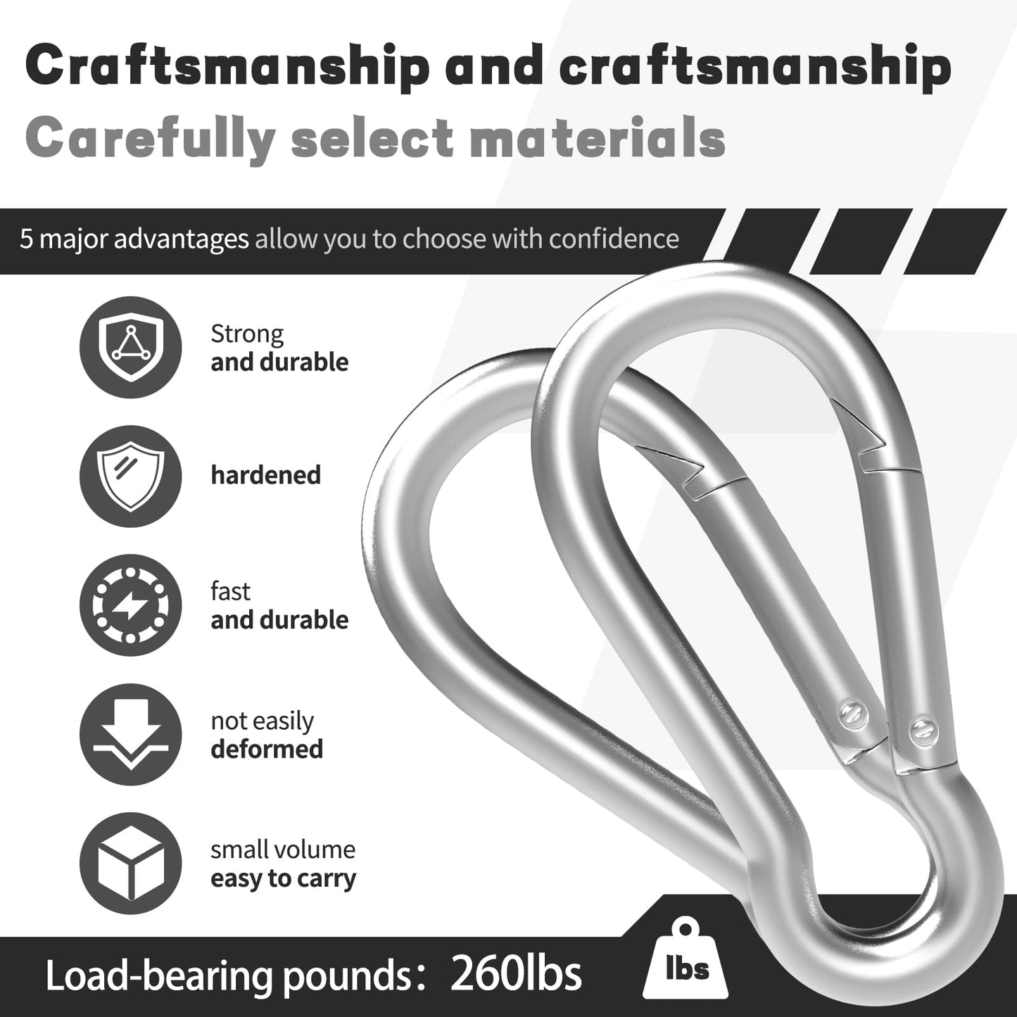 High-PQ Carabiner, Heavy Duty Galvanized Steel Spring Snap Hook Carabiner Clips with 260LBS Holding Capacity, Ideal for Outdoor, Hammock, Swing and Travel (M6 2.4Inch, 50PCS)
