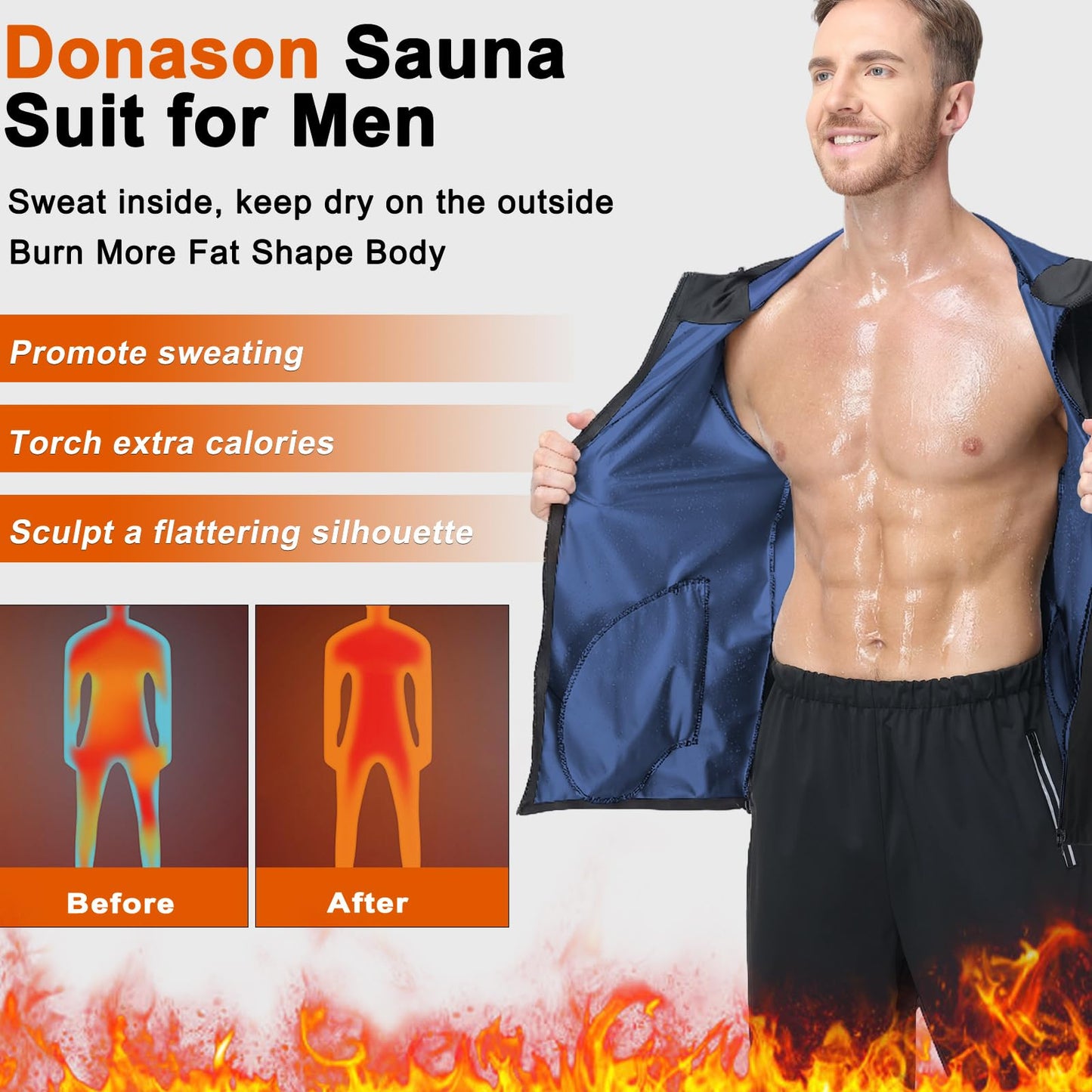 Donason Men's Sauna Suit Full Body Sweat Suit with Hood for Weight Loss Durable Sauna Jacket Pants for Gym Workout Body Shaper Heat-Trapping Fitness Shapeweasr Long Sleeve Tracksuit Zipper Top Bottom