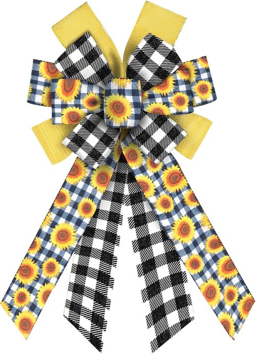ABTOLS Large Spring Bows - Black White Buffalo Plaid & Yellow Floral Decor for Wreaths | Indoor/Outdoor Use