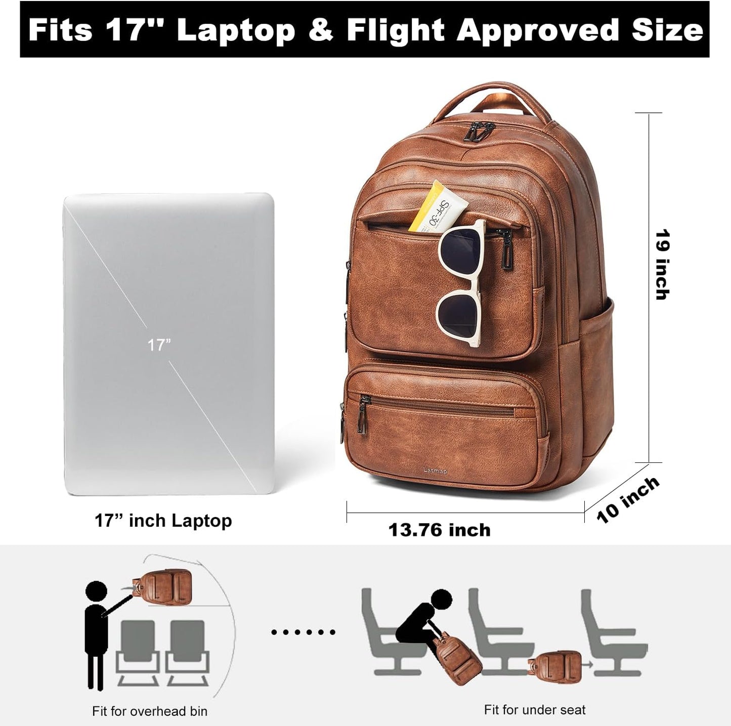 43L Backpack 17 16 15.6 Inch LATMAP Purse For Women Men Leather Shoulder Diaper Bookbag Tote Laptop Bag Handbags