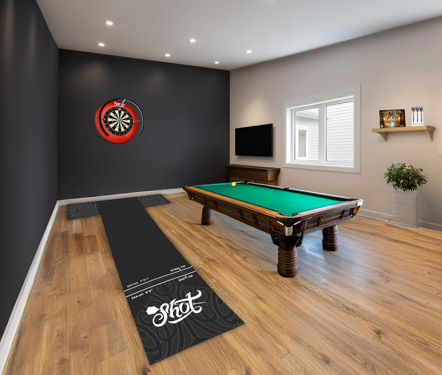 Shot! - T-Shape Rubber Darts Mat - Enhanced Floor Protection from Bounce-Outs - Heavy-Duty Rubber - Easy Set Up & Roll Up - Dart Board Floor Protector - Black