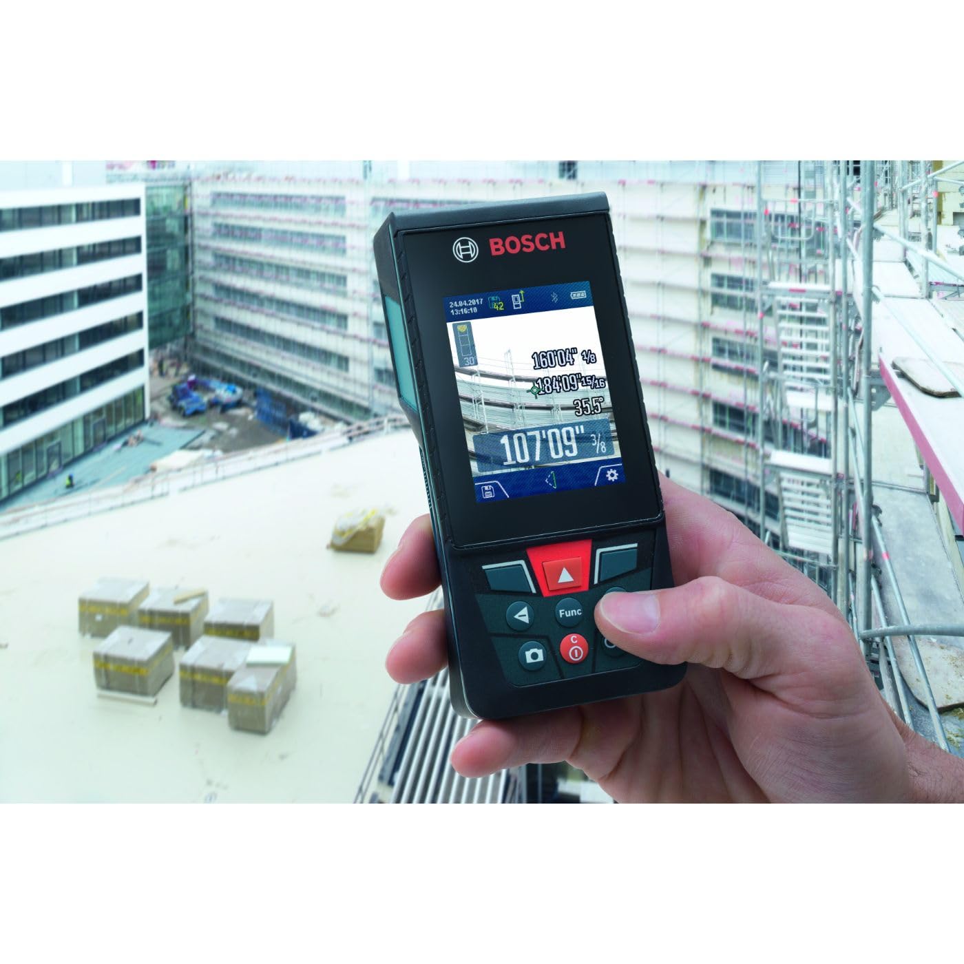 BOSCH GLM400C 400 Ft Blaze Outdoor Connected Laser Measure with Viewfinder, Includes 3 AA Batteries, Hand Strap, & Pouch