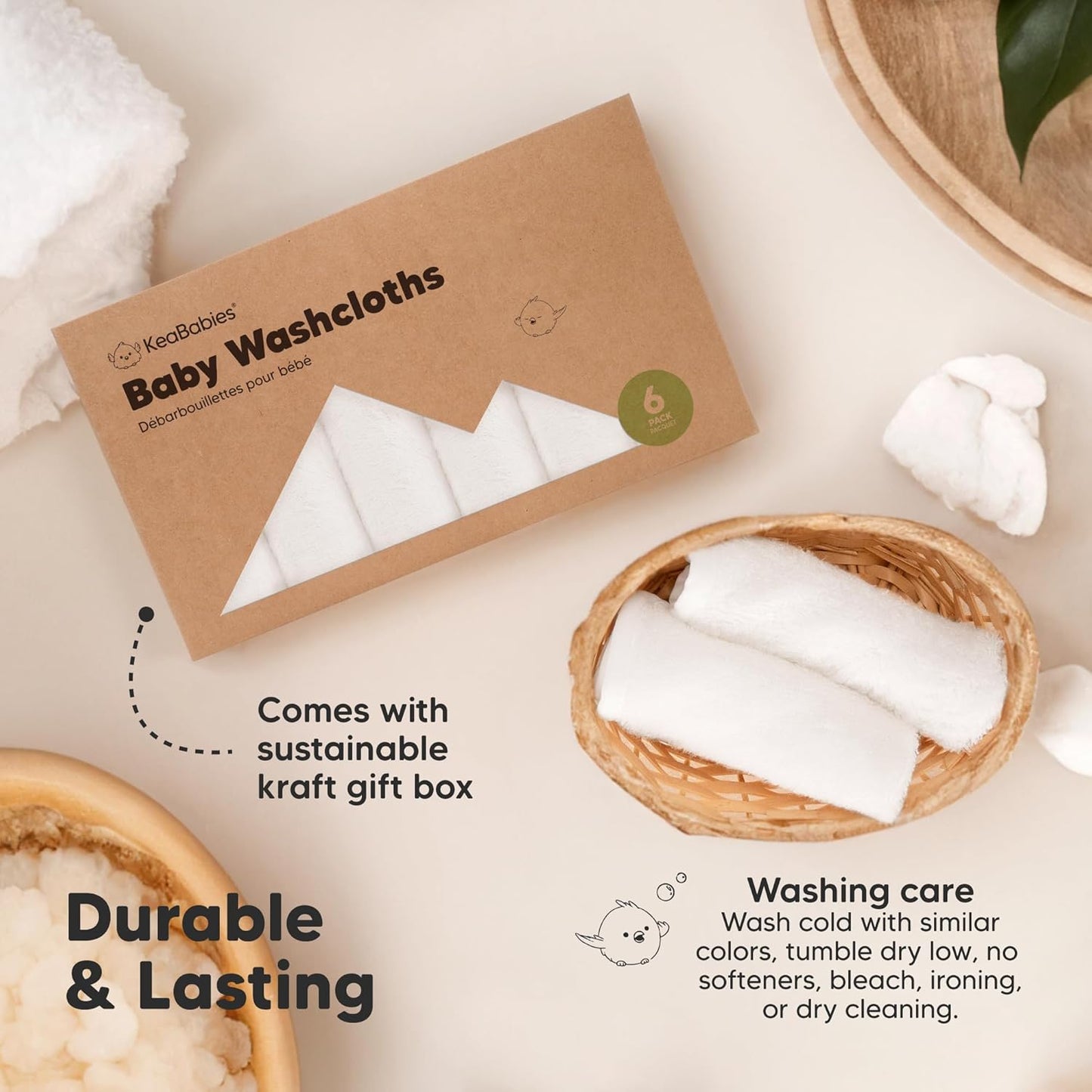 Skiennix 6-Pack Baby Washcloths - Soft, Absorbent Bamboo Towels for Newborns & Toddlers | 10x10, Gentle on Skin