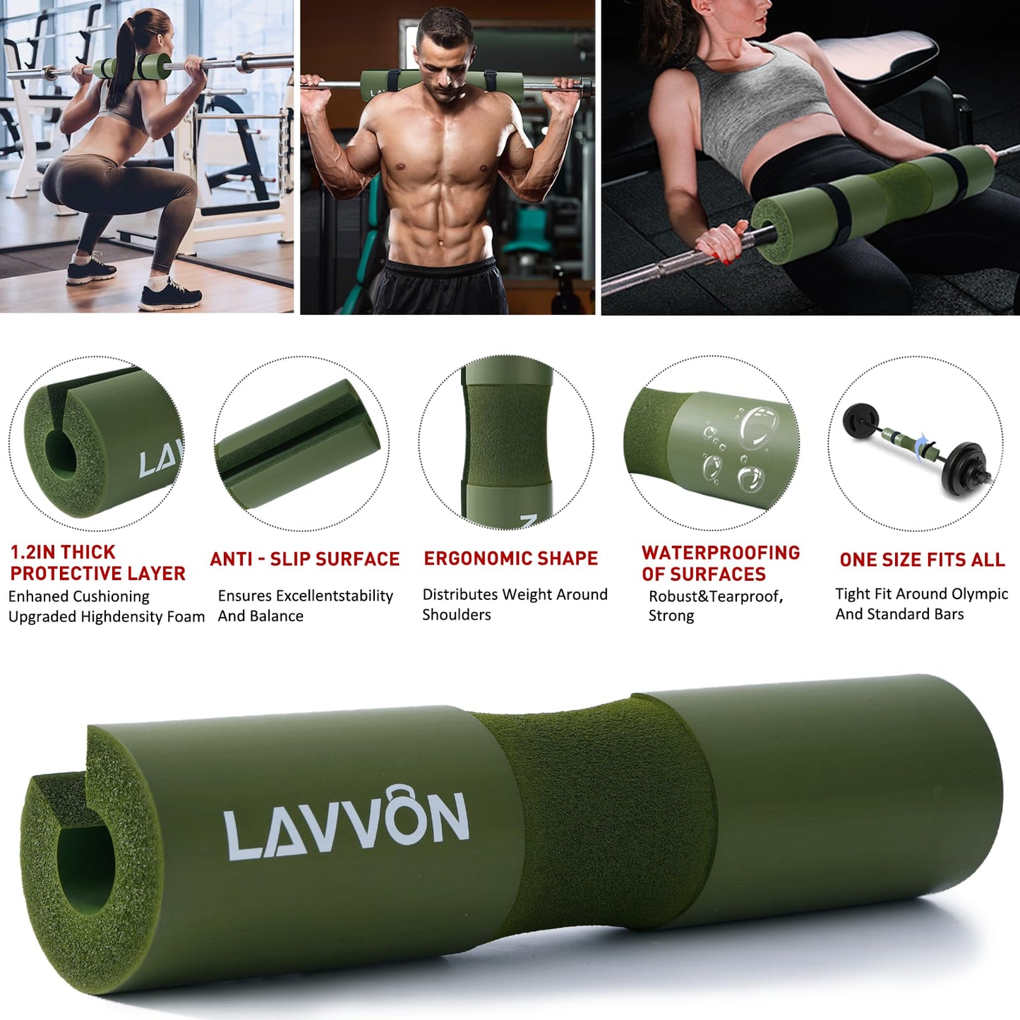 Squat Pad Set - Foam Barbell Pad for Squats Cushion, Lunges & Bar Padding for Hip Thrusts -Standard Olympic Weight Bar Pad,Gym Accessories for Women(Ankle Straps,Wrist Straps for Weightlifting)(Army-Green)
