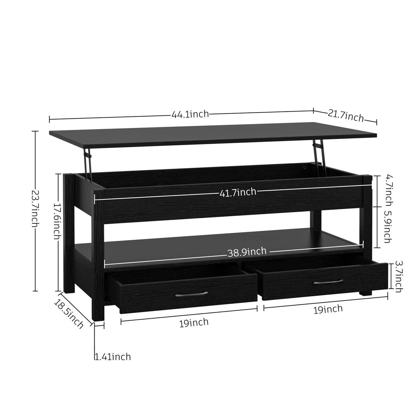 Panana Coffee Table, Lift Top Coffee Table with Hidden Compartment, 2 Drawers and 1 Open Shelf, Retro Central Wooden Table Lift Tabletop for Living Room (Black)