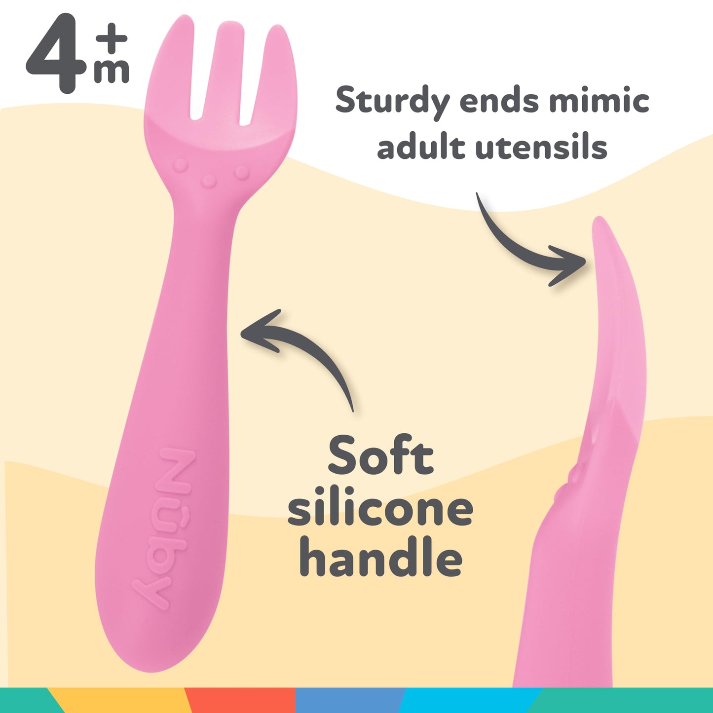 Nuby Silicone Easy Grip Fork & Spoon Set, 12+m in Pink (Pack of 2)