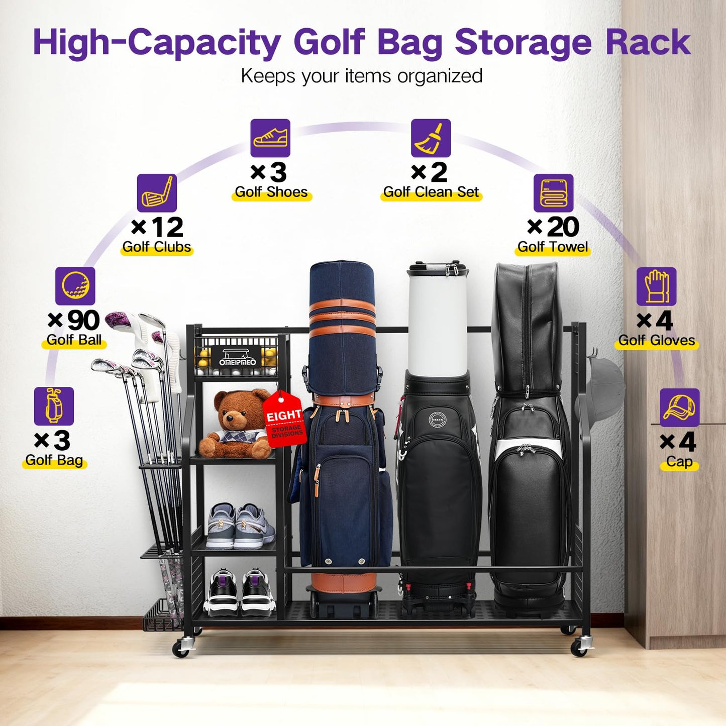 Golf Bag Storage Garage Organizer, Golf Bag Storage Stand and Other Golfing Equipment Accessories Rack, 3 Golf Bag Storage Rack with Wheels, Golf Organizer for Home, Garage, Club, Shed, Basement